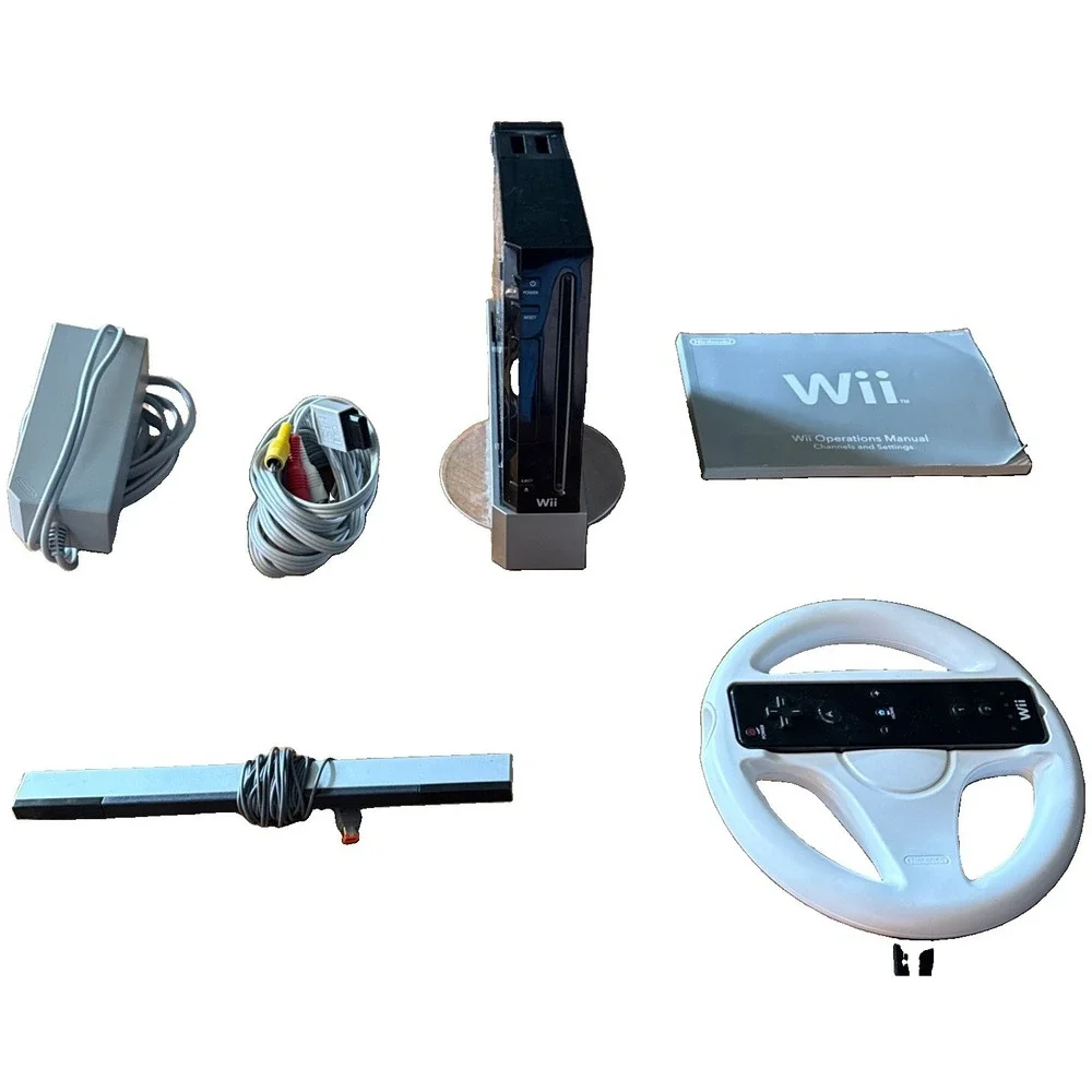Nintendo Wii RVL-001 Black Bundle w/ Mario Kart Wheel Controller Cords & Manuals